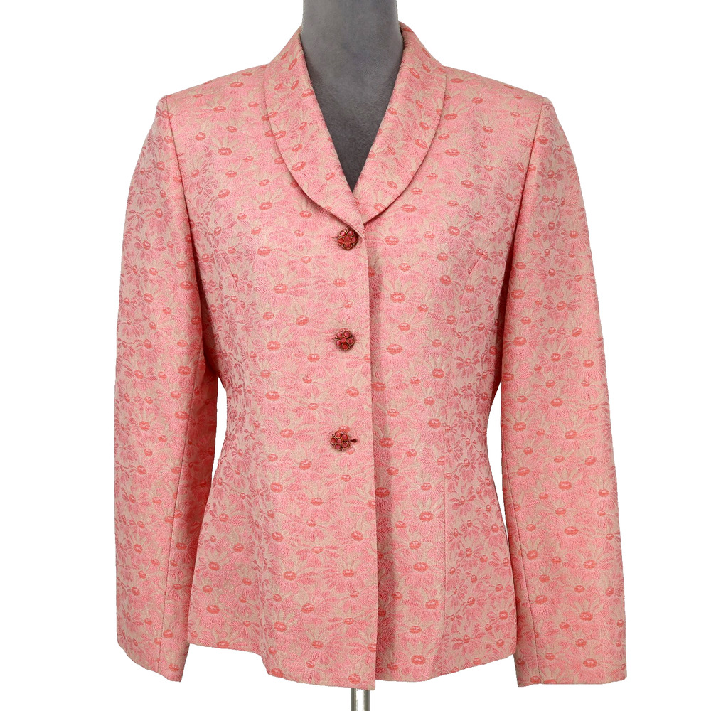 Nipon Boutique Jacket Womens 8 Pink Floral Brocade Lined Blazer Shawl Collar